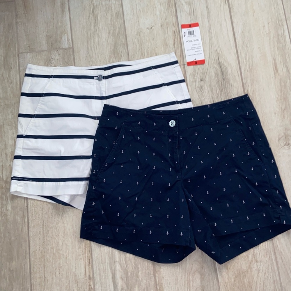Nautica Womens Nautical Shorts Blue White Stripes Anchors Size 8 Cotten stretch
